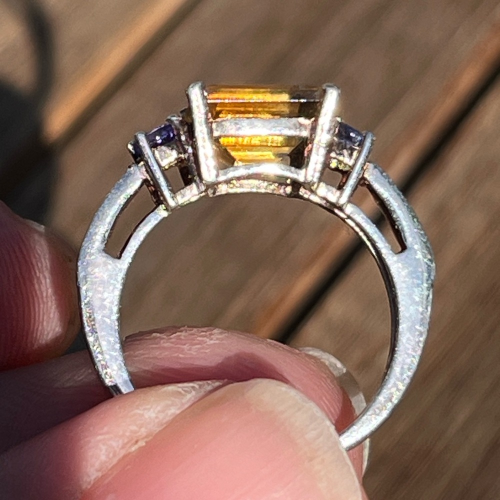 925 Sterling Silver Princess-Cut Golden Yellow Gemstone Ring with Purple Stones - Picture 2 of 10